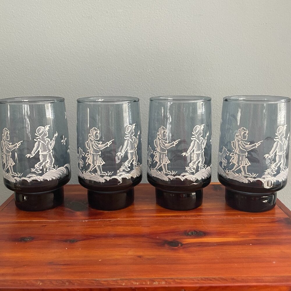 Vintage Libbey Mary Gregory Smoke Blue Glass White  Embossed Tumblers Set Of 4